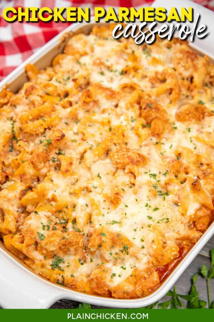 Baking dish with chicken parmesan casserole on a table with text overlay