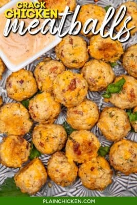 Chicken meatballs on a baking sheet with text overlay