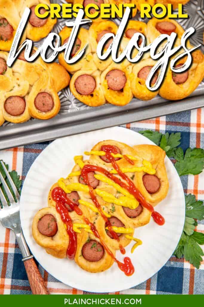 Hot dog shaped like a twisted crescent on a plate with text overlay