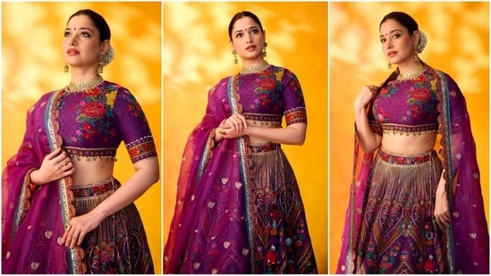 Tamannaah Bhatia's lehenga will surely brighten up your day with a burst of colours. Her vibrant ensemble includes a cropped blouse adorned with playful prints. Paired with a matching skirt and duppata, she looks like an ethereal princess. (Instagram)