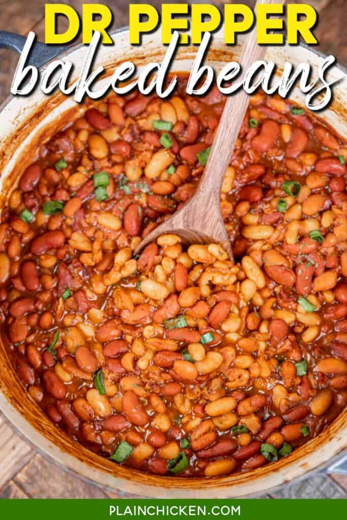 scooping baked beans with Dr Pepper from a crock pot with text overlay