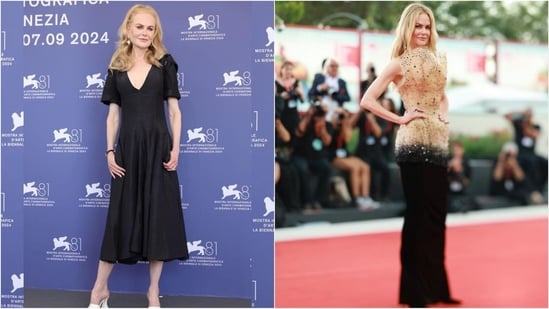 Nicole Kidman stole the spotlight at the 2024 Venice Film Festival with her glamorous red carpet looks. She dazzled in two stunning ensembles: a daring Schiaparelli couture gown and a timeless 1950s-inspired Bottega Veneta dress, delivering a true haute couture moment. (Instagram/@justjared)