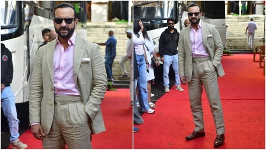 Saif Ali Khan is looking dapper by the day and his latest look is proof of that. He donned a light pink t-shirt paired with a beige blazer and trousers. With brown loafers and black sunglasses, he looked effortlessly chic. (HT Photo/VarinderChawla)