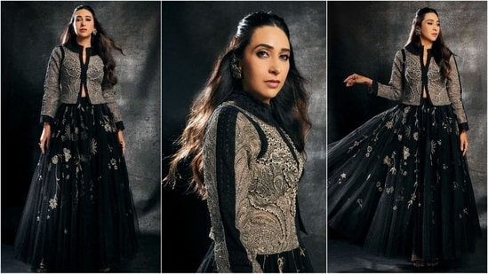 Karisma Kapoor exudes ethnic elegance in a flared black net lehenga embellished with golden floral embroidery. Paired with a chic embellished jacket, she looks absolutely stunning. (Instagram/@therealkarismakapoor)