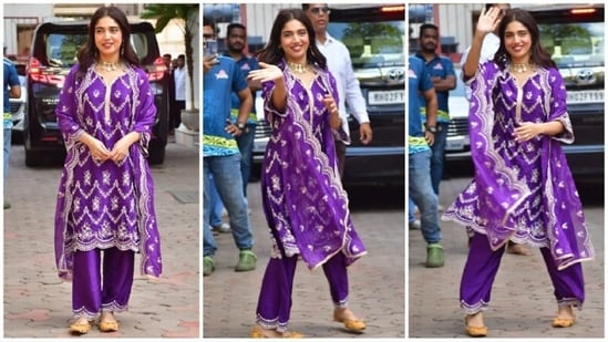 Bhumi Pednekar recently stunned in a beautiful purple ethnic ensemble. The outfit featured intricate golden embellishments all over the suit, which she paired with matching palazzo pants and a duppata, making her look absolutely gorgeous. (HT Photo/VarinderChawla)