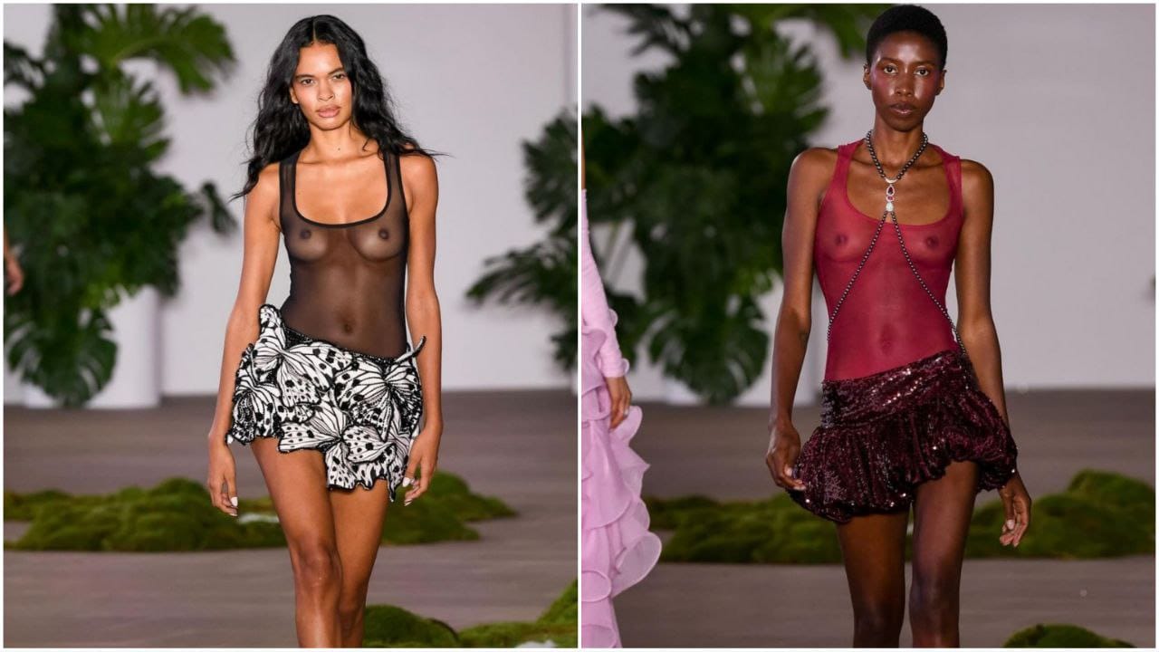 At the PatBO show, models wore nipple-baring dresses. (Instagram)