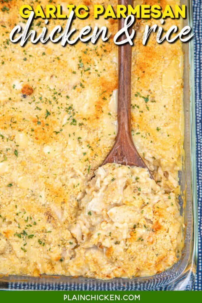 removing chicken and rice from a baking dish with text on top