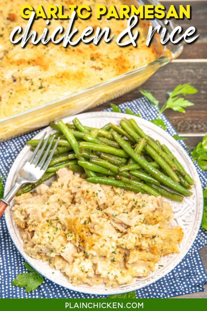 Plate of chicken and rice with green beans on a table with text overlay