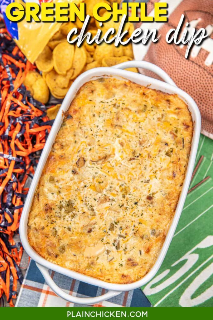 Baking dish with chicken gravy on a table with text overlay