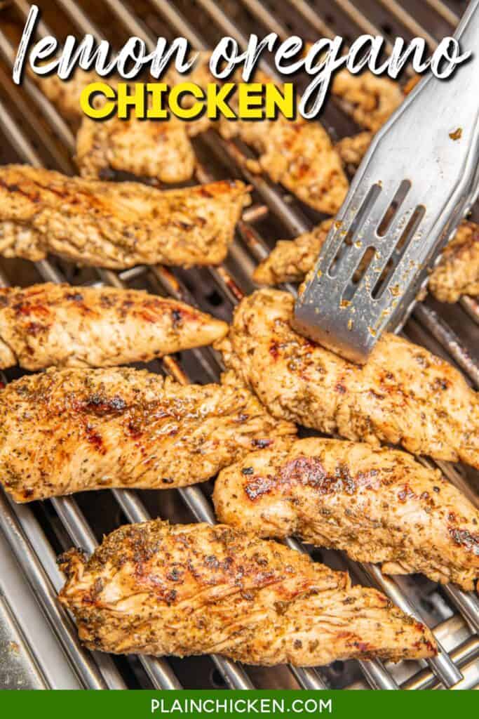 Cooking grilled chicken tenders with text overlay