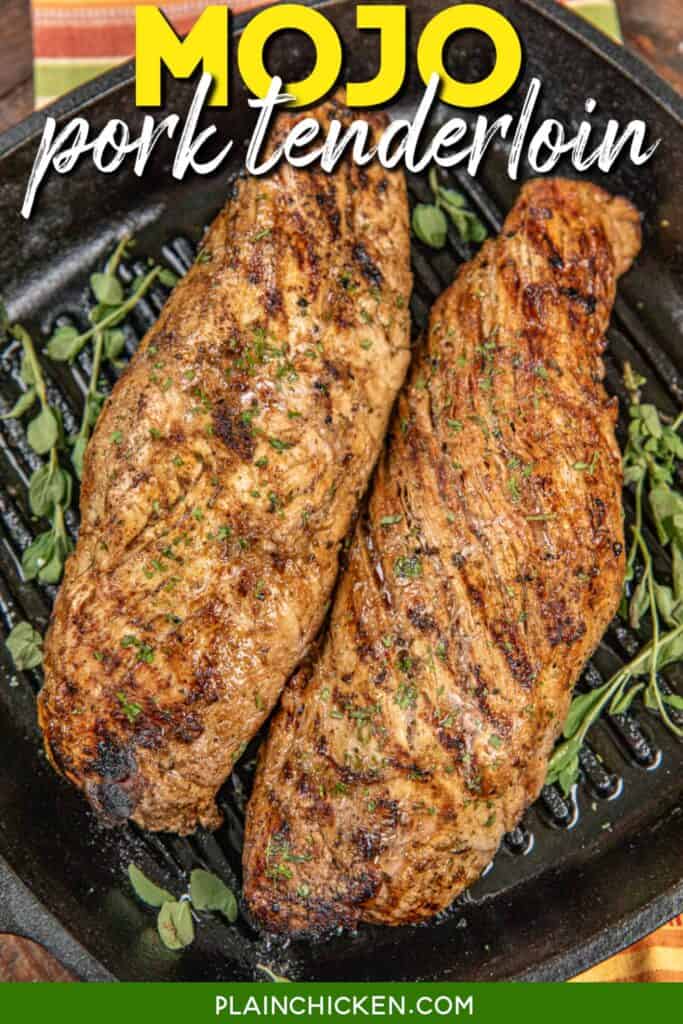 Two pork tenderloins on a grill pan with text overlay