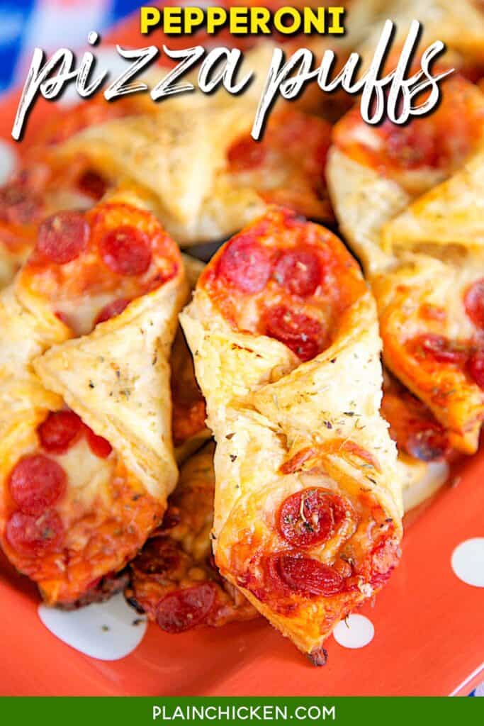 Plate of puff pastry pizza bites with pepperoni