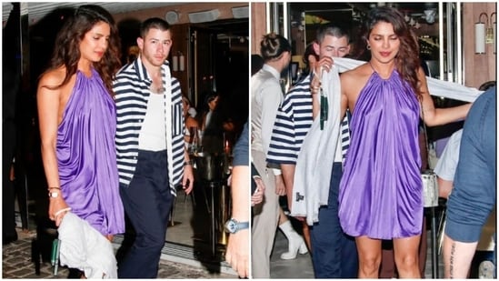 For a weekend outing with husband Nick Jonas, Priyanka Chopra stunned in an elegant violet silk dress with a halter neckline and back detailing. Meanwhile, Nick opted for a chic yet casual look with his simple and chic ensemble. (Instagram/@jerryxmimi)