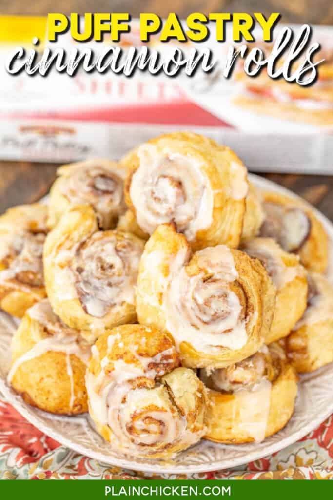 Cinnamon rolls and puff pastry plate with text overlay