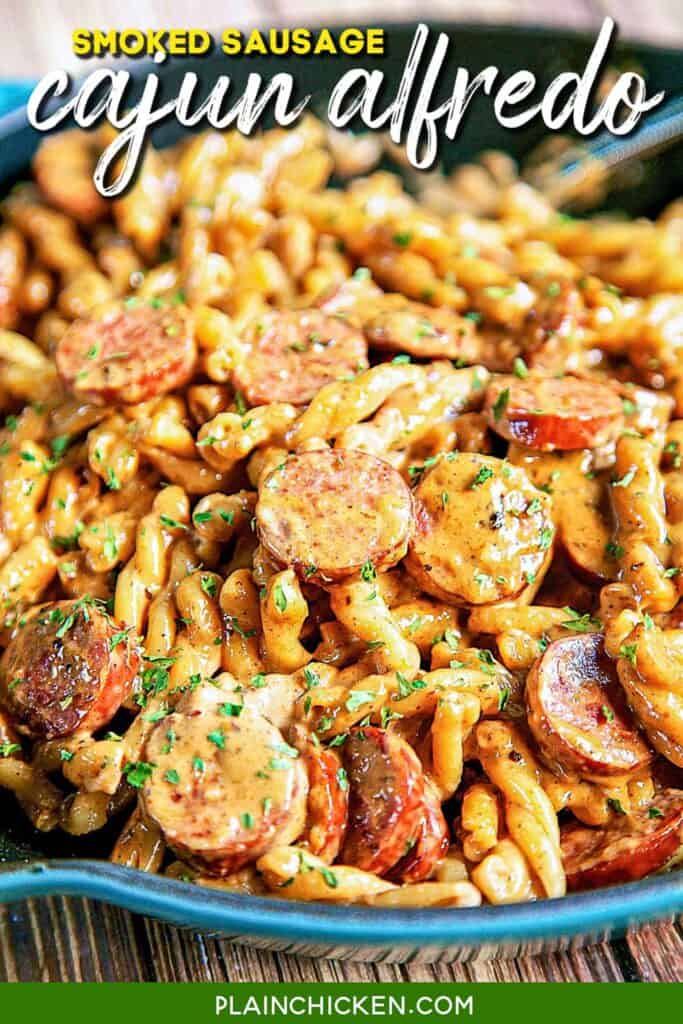 Smoked sausage and cajun alfredo pasta skillet