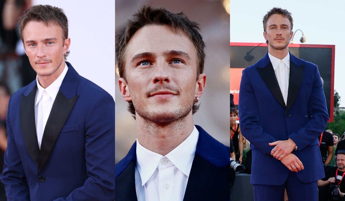 Drew looks dapper in a navy suit at the premiere of his film Queer at the 2024 Venice Film Festival.