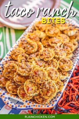 Platter of filo dough bites with ranch sauce for tacos