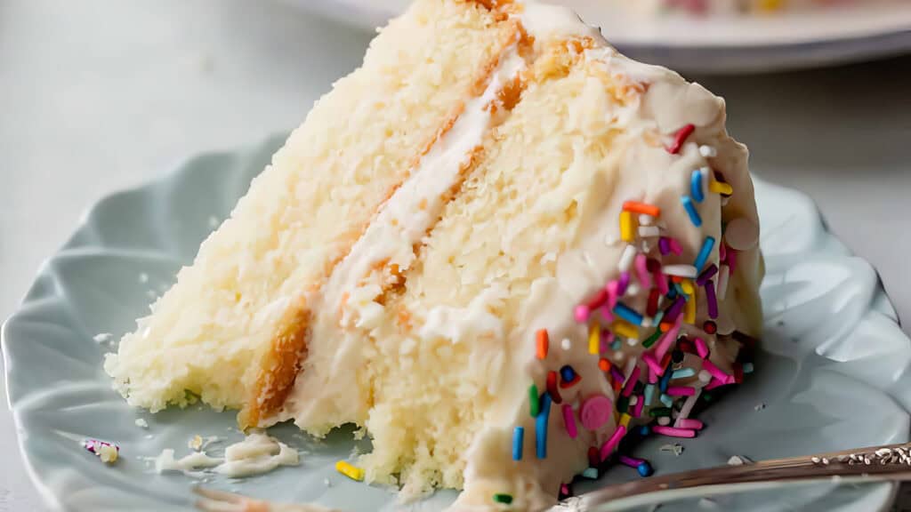 A slice of cake covered in white frosting on a light green plate, partially eaten, reveals a moist interior and a creamy layer in the middle. The outside is adorned with white frosting and colorful sprinkles on one side. A fork rests on the plate, tempting you to try your hand at similar cake recipes.