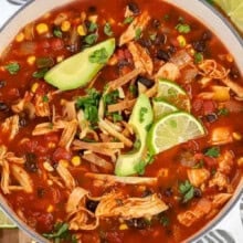 Pot of Easy Chicken Tortilla Soup with Tortilla Strips on Top