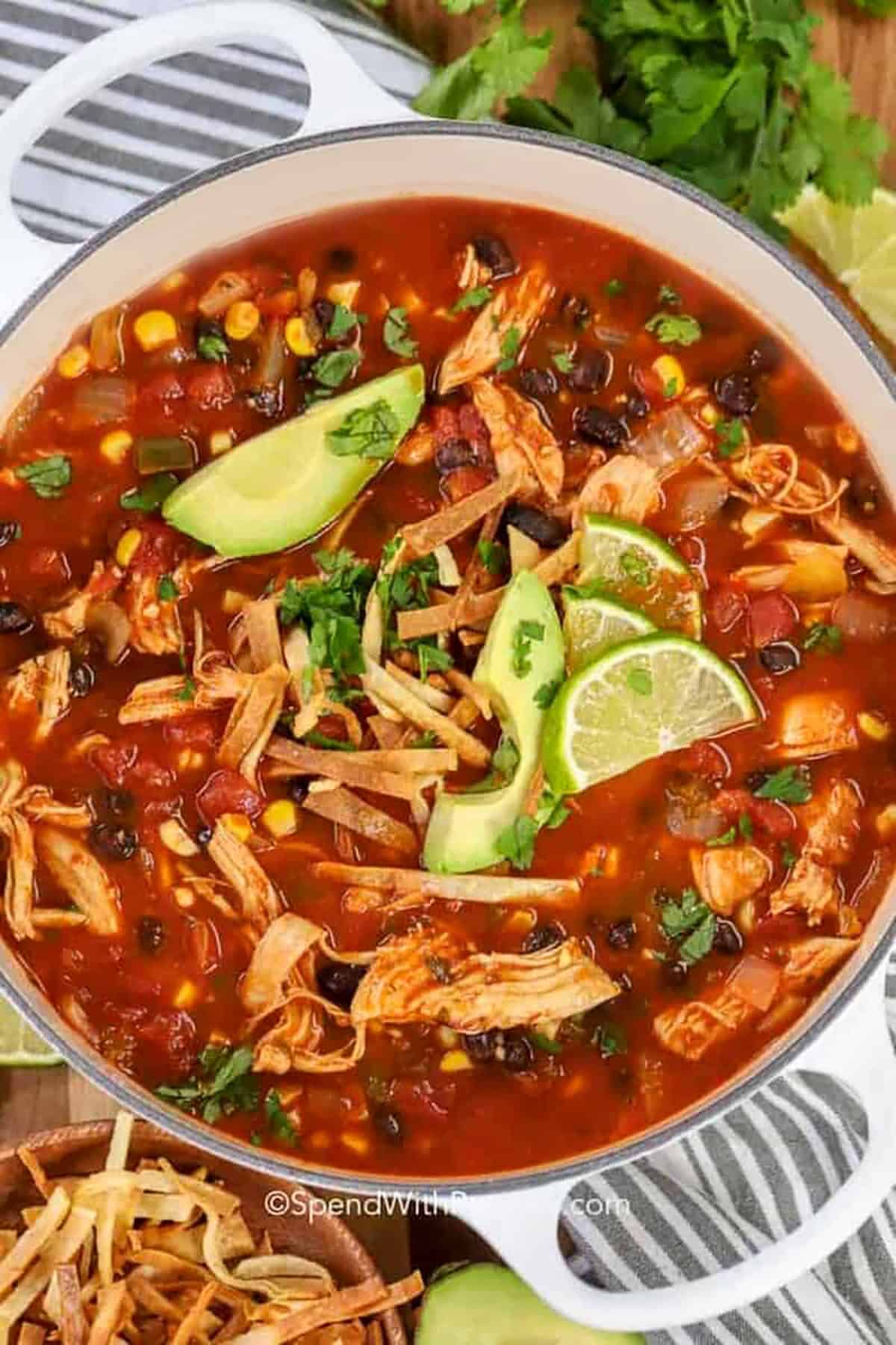 Pot of Easy Chicken Tortilla Soup with Tortilla Strips on Top