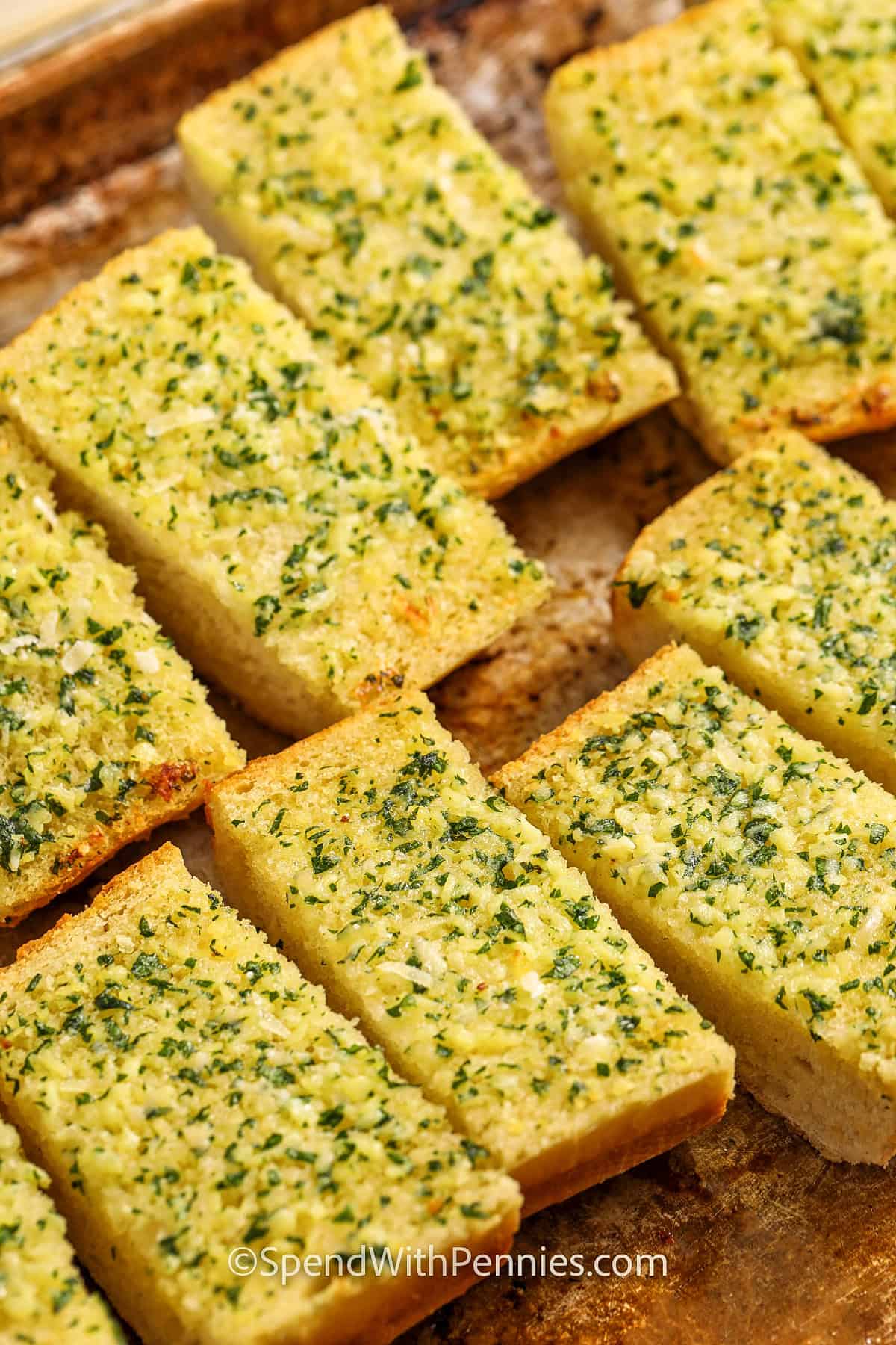 Close up of slices of homemade garlic bread