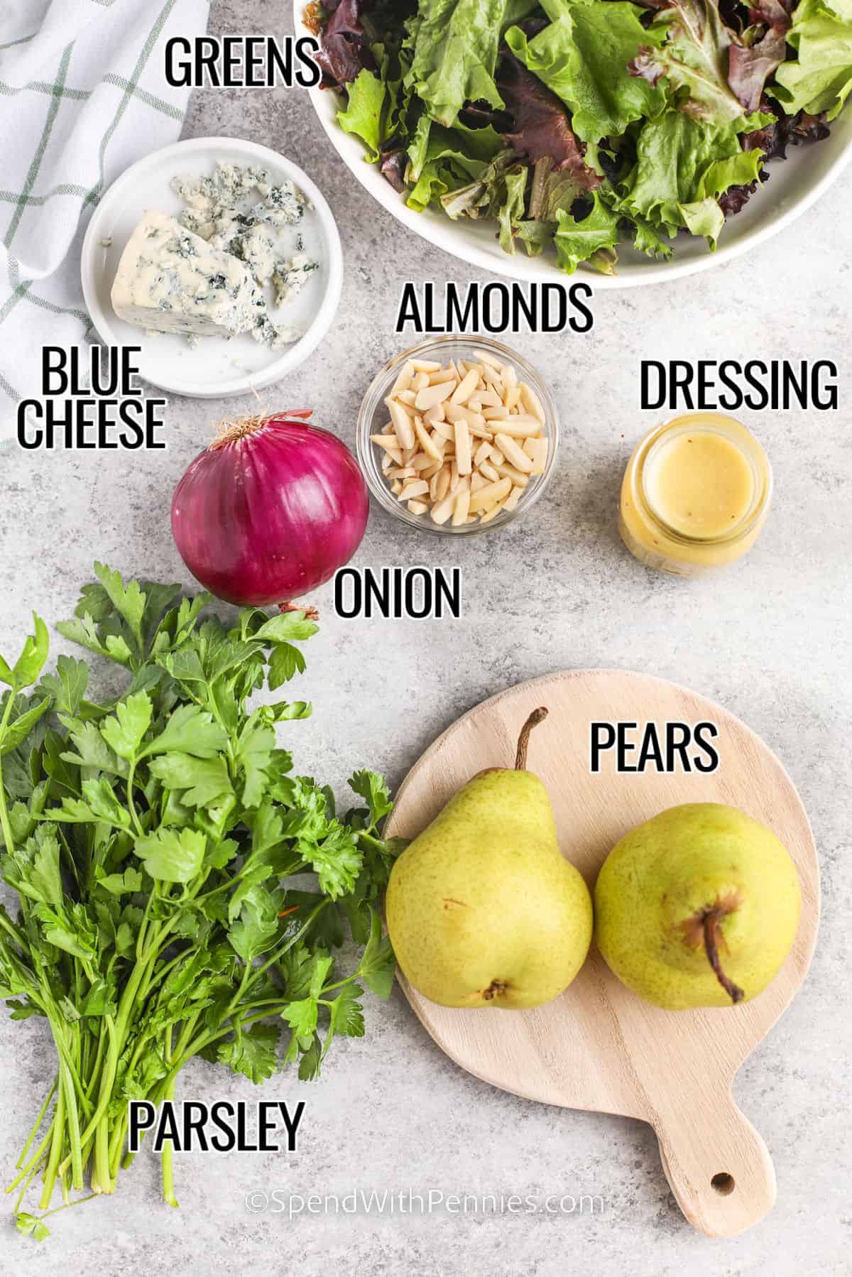 Ingredients to make pear salad labeled.