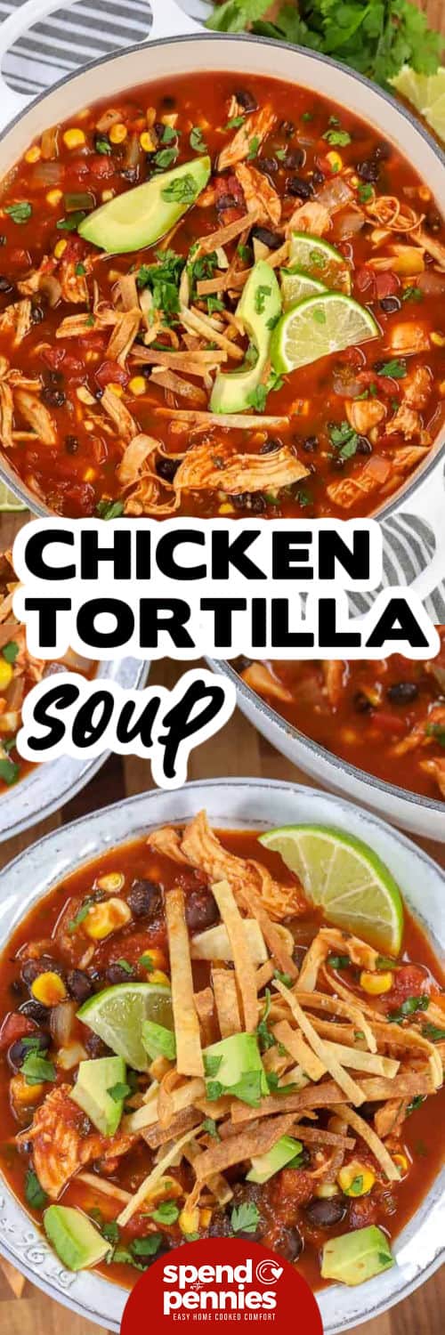 Chicken tortilla soup in pot and in bowls with writing