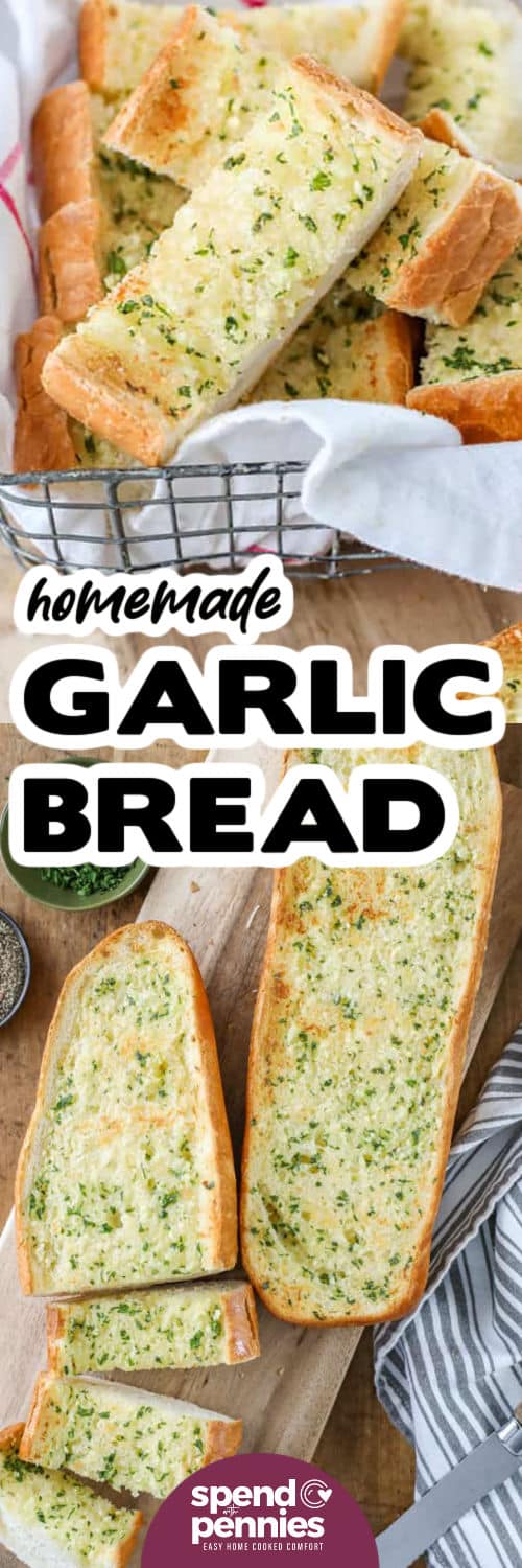 Slices of homemade garlic bread in a basket with writing 