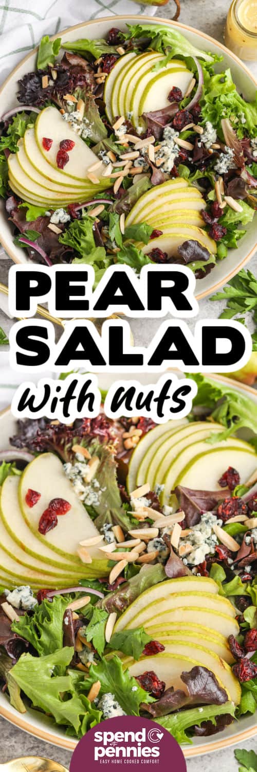 Pear salad in a bowl and close with a title