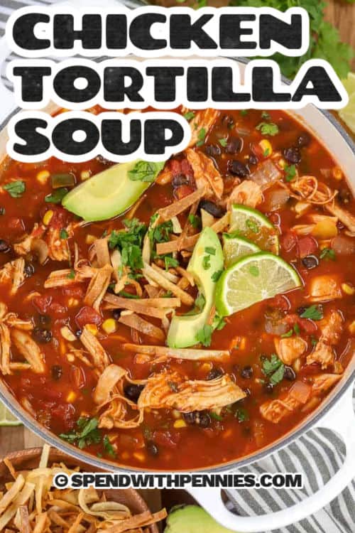 pot of chicken tortilla soup with a title