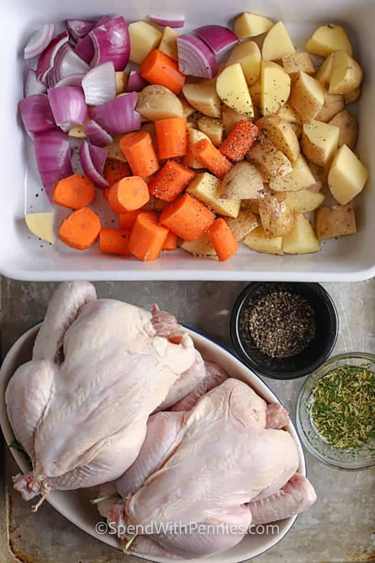 vegetables on a plate and hen on a plate to make roast Cornish hen