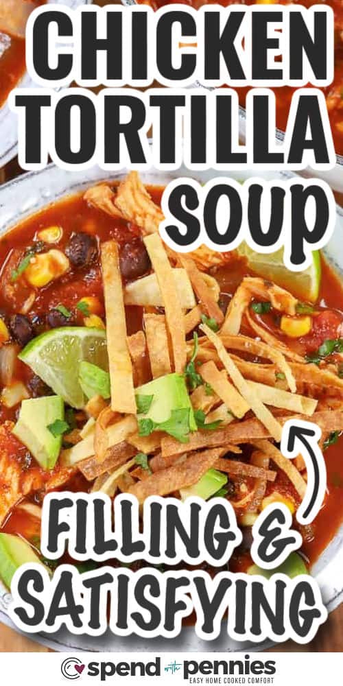 Satisfy chicken tortilla soup with writing.