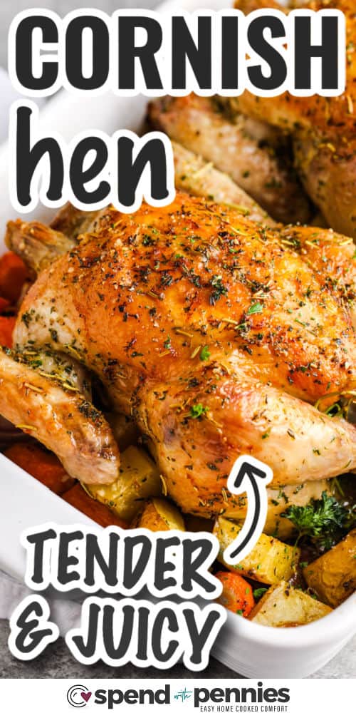 Tender roast Cornish hen with writing