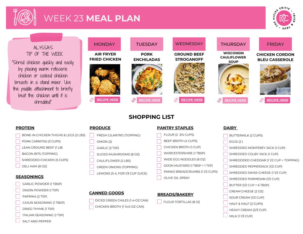 A pdf of a shopping list for the 23 week meal plan.