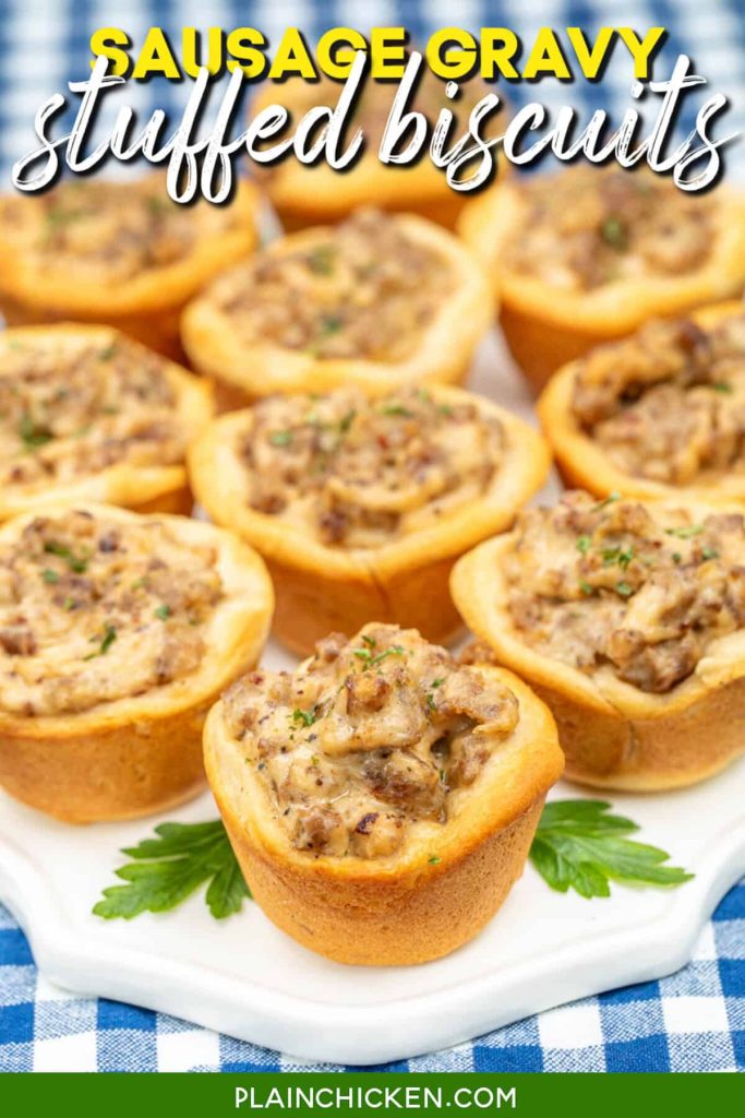 Plate of biscuits filled with sausage gravy and text overlay