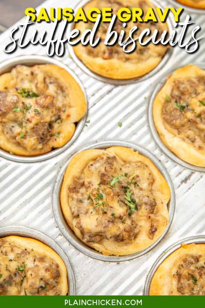 biscuit muffin pan filled with sausage gravy and text overlay